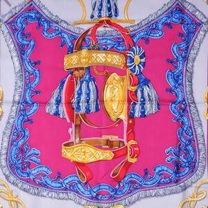 HERMES  Silk Bride De Cour Scarf 90 Cobalt Gris Or